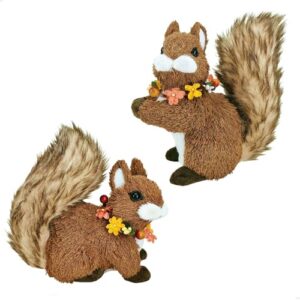 naturevibe 7.1 Inches Sisal Squirrel Decor Set of 2 Fall Home Decor | Lifelike Woodland Animals Figurines with Floral Garland for Fall Table Centerpieces or Autumn Harvest Festival Display