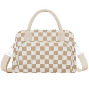 Neverwhy Insulated Lunch Bag - Cute Lunch Box for Women - Large Corduroy Reusable Lunch Box Leakproof Portable Cooler Tote Bags for Work Pinic Khaki Checkered