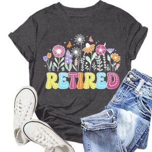 NEWKA Retired Shirts for Women Nana Retirement T-Shirt Retired Teacher Floral Tee Tops Grey
