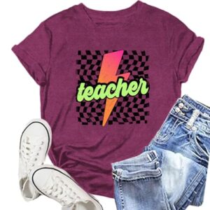 NEWKA Womens 90s Teacher Shirts Lightning Neon Teacher T-Shirt Teaching Life Tee Top