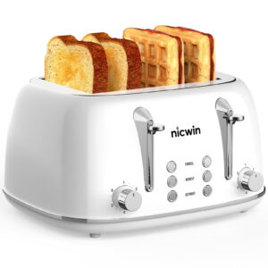 NICWIN 4 Slice Toaster, Extra Wide Slots Bread Toaster, Toast Shade Selector, Defrost & Reheat Functions for Kitchen Apartment Essentials, White
