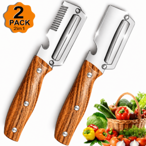 NIUTA 2Pack Vegetable Peeler, 2-in-1 Stainless Steel Swivel Peeler with Julienne Cutter, Ultra Sharp Blade Kitchen Peeler for Potato, Carrot, Apple, Ergonomic Non-Slip Wood Grain Handle
