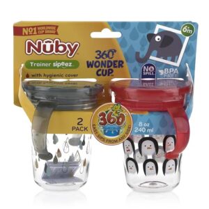 Nuby 360 Wonder Trainer Cup with Hygienic Cover - (2 Pack) 8 oz - Spill-Proof Toddler Sippy Cups - 6+ Months - Penguin/Teardrops
