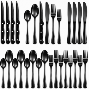 NULAS 24-Piece Silverware Set, Mirror Polish Stainless Steel Flatware Set. Includes Steak Knives, Dishwasher Safe for Home & Restaurant, Gifts, Black.