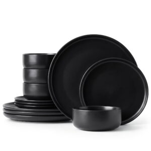 Onader 12 Piece Dinnerware Sets, Plates and Bowls Set for 4, Premium Stoneware Dishes Sets for Home Restaurant, Dishwasher & Microwave Safe - Matte Black