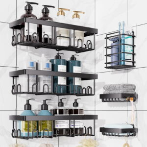 Ophanie Adhesive Shower Caddy 6 Count, Large Capacity Bathroom Organizers and Storage, No Drilling Wall-Mounted Basket, Black
