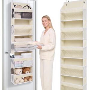 Ordovibe 5 Tiers Over Door Organizer with 10 Mesh Side Pockets, 44 lbs Weight Capacity Low Profile Hanging Storage Organizer with Clear Window Kids Toys, Shoes, Diapers, Beige