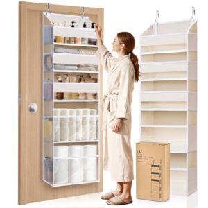 Ordovibe 5 Tiers Over the Door Organizer with 10 Mesh Side Pockets, 44 lbs Weight Capacity Closet Hanging Storage Organizer with Large Clear Window Kids Toys, Shoes, Diapers, Beige