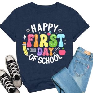 Oxryal First Day of School Teacher Shirt for Women Happy First Day of Shool T-Shirt Gifts Teachers Casual Tee Blue