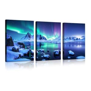 Palettora 3‑Panel Canvas Wall Art,Aurora Northern‑Lights Mountain‑Lake