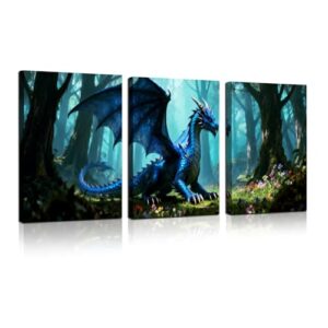 Palettora 3‑Panel Canvas Wall Art,Dragon Mystical‑Forest Landscape Wall