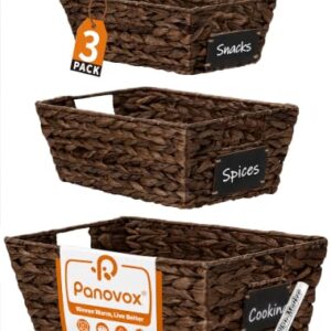 Panovox Pantry Baskets, 3 Pack Wicker Storage Baskets for Shelves, Brown | Water Hyacinth Baskets for Organizing, 3-Size Pantry Bins with Chalkboard and Marker for Shelf, Snack, Kitchen, Bathroom