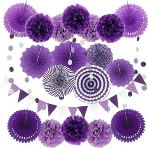 Party Decoration, 20 Pcs Pom Poms Flowers , Hanging Paper Fans,Triangle Bunting Flags and Garlands String Polka Dot for Birthday Parties, Bridal Showers, Baby Showers, Wedding, Mermaid Party（Purple）