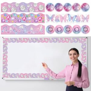 Pasimy 144 Pcs 142 ft Music Bulletin Board Borders, Disco Ball Classroom Decorations, Pink Purple Scalloped Border Trim for Back to School Blackboard Chalkboard Door Wall Music Theme Decor Supplies