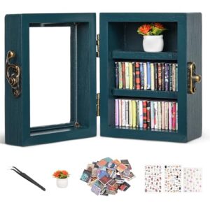Pawnoc Mini Bookshelf with 60 Mini Books, Small Library Decor (Blue) | Hinged wood display case with 60 removable mini books, potted plant, tweezers and 3 stickers for arranging and desk decor