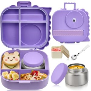 Pawtong Bento Lunch Box with Thermo, 4-Compartment Bento Box with Adjustable Dividers, Leakproof Dinosaur Lunch Box with 14.2OZ Insulated Food Jar & Sauce Jar, for School Office Travel (Purple)