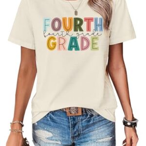 PCAEOVM Teacher Shirts for Women First Day of School Shirt Teacher's Back to School Outfit Graphic Tee Fourth Grade Beige XX-Large