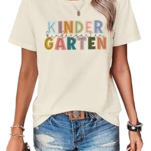PCAEOVM Teacher Shirts for Women First Day of School Shirt Teacher's Back to School Outfit Graphic Tee Kinder Grade Beige Large