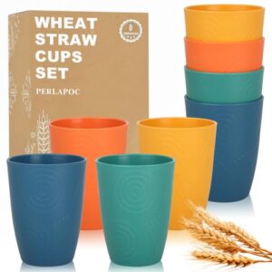 Perlapoc Wheat Straw Cups Set of 8, 16oz Plastic Reusable Cups for Kitchen, Camping, Unbreakable and Lightweight Dishwasher Safe Cup Drinking Set for Water, Juice & Coffee - Multicolor