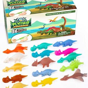 PICK A TOY Stretchy Slingshot Dinosaur Toys – 36 Mini Rubber Dinosaurs, Party Favors for Age 4-8 and 8-12, Kids Prizes, Mini Toys, Finger Flingers Flying Chicken Toy