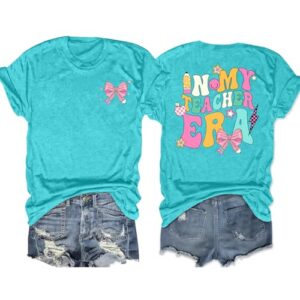 PICKID Teacher Shirts Women: in My Teacher Era T-Shirt Pencil Bow Graphic Tee Back to School Teaching Gift Casual Tops Cyan