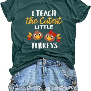 PICKID Women Thanksgiving Teacher Shirt Thankful Turkeys Graphic Fall Tops
