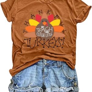 PICKID Women Thanksgiving Teacher Shirt Thankful Turkeys Graphic Fall Tops