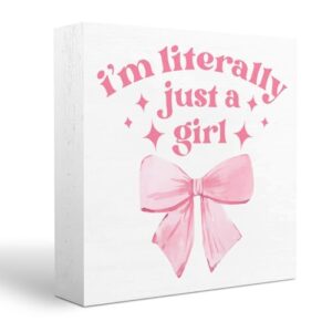 Pink Bow Decor, I'm Literally Just A Girl Sign, Preppy Coquette Gifts Pink Girl Room Decor Bow Sign Wooden Box Sign Plaque Table Decorations for Home Farmhouse Bedroom Dormitory Dressing Table
