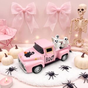 Pink Halloween Ghost Decor Vintage Metal Truck with 3 Mini Ghost Figurines