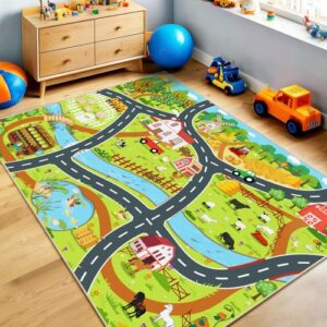 Pionblank Kids Rug for Playroom, Farm Pasture Non-Slip Car Rug 3x4