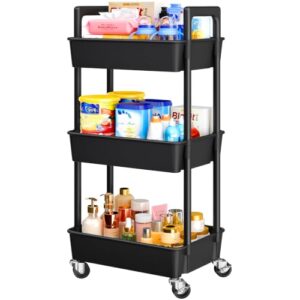 Pipishell 3 Tier Rolling Cart with Handle & Wheels for Storage, Black | Plastic Rolling Cart with 4 Industrial-Grade Casters, Tool-Free Assembly, Utility Cart for for Nursery, Kitchen, Craft Room