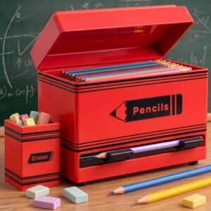 Plastic Pencil Dispenser for Classroom with Wooden Eraser Holder, Red | Classroom Pencil Organizer with 1 Dispenser and 1 Eraser Holder; Holds 50+ Pencils for Teacher Desks Back to School Supplies
