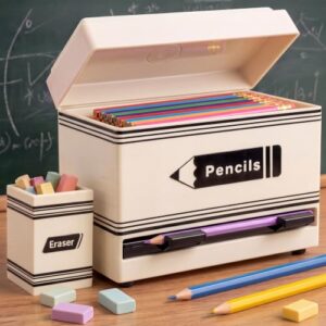 Plastic Pencil Dispenser for Classroom with Wooden Eraser Holder, White