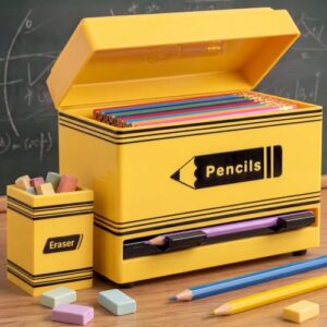 Plastic Pencil Dispenser for Classroom with Wooden Eraser Holder, Yellow