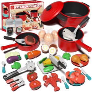 Play Food 34 Pcs, Kitchen Set for Kids, Kitchen Toys, Pretend Play Kitchen Accessories, Cutting Toy Food with Pans, Pot and Utensils, Preschool Learning Education Toddler Toys, Gifts for Girls Boys
