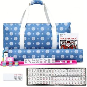 Ploomi American Mahjong Tiles Set, 166 White Tiles, 4 Color Racks & Pushers, Complete Western Mahjong Set with Blue Carrying Bag for Beginners & Experts