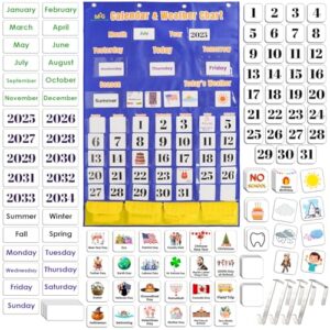 Pocket Chart for Classroom Calendar & Weather – 148 Learning Cards with Dates, Months & Holidays – 48 Pockets Durable Hanging Chart for Kids, Teachers, Preschool, Homeschool & Classroom Decor