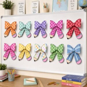 Poola Voidra 10 Pack Pastel Checkered Bow Classroom Decor Gingham Cutouts
