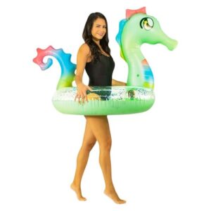 PoolCandy Turquoise Seahorse Glitter Pool Tube – 40” Inflatable Swim Ring, Heavy-Duty PVC Beach & Pool Float for Teens & Adults, Supports 250 lbs