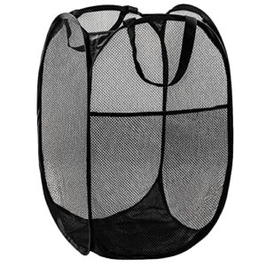 Pop Up Laundry Hamper, 70L Collapsible Mesh Basket with Side Pocket, Black
