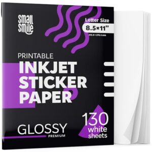 Premium Printable Glossy Sticker Paper for Inkjet Printer - 130 White Adhesive Sticker Sheets - Glossy Photo Sticker Paper 8.5 x 11 Inch for DIY Labels, Crafts and Photo Printing