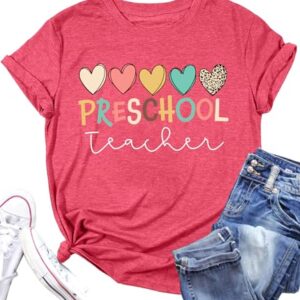 Preschool Teacher Shirts: Women Kindergarten Teachers T-Shirt Teacher Graphic Tees Tops Teacher Life Shirt(Pink, Medium)
