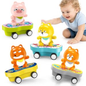 Pull Back Cars Toys for Toddlers 1-3, 4 Pack Push Go Animal Car Skateboard