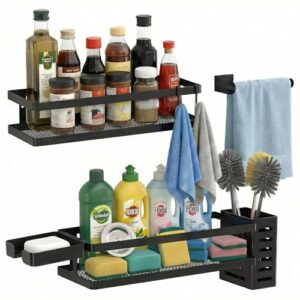 PUSDON 5-in-1 Shower Caddy & Kitchen Organizer Set, Wall Mount Wide Spice Rack with Paper Towel Holder, Utensil Holder, Soap Dish, Rustproof Mesh Baskets Hold 50LBS - Matte Black, Guardrail