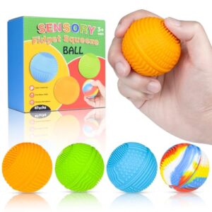 QINGLER Sensory Fidget Squeeze Balls 4 Pack for Kids & Adults | BPA Free Silicone Quiet Desk Green Toys with Textured, Christmas Stocking Stuffers Gift for Party Favors Autism Stress Relief