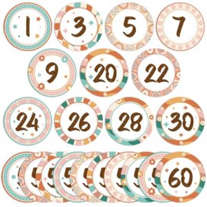 QOUBAI 60Pcs Boho Number Cutouts 1 to 60 Rainbow Bulletin Board Accent Groovy Laminated Student Circle Stickers for Toddler Kids Preschool Classroom Decorations