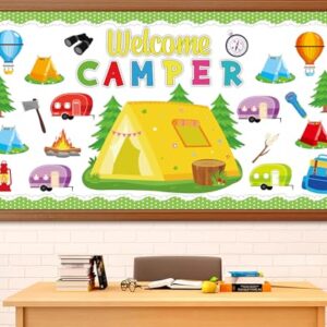 QOUBAI Camping Bulletin Board Set Happy Camper Trim Classroom Border Decorations VBS Tent Vintage Trailers Cutouts Welcome Camper for Back to School Summer Camping Nursery Chalkboard Wall Door Decor