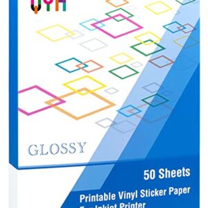 QYH Printable Vinyl for Inkjet Printer Glossy 50 Sheets Sticker Paper Waterproof Labels Adhesive Vinyl for Cricut (8.5"x11", White)