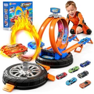 Race Car Track Set for Kids Ages 3-8, Toy Car Racing Playset with Transformable Tire Storage Case, Portable Handle, 360° Loop Track, Six Die-Cast 1:64 Scale Cars, Gift for Boys and Girls
