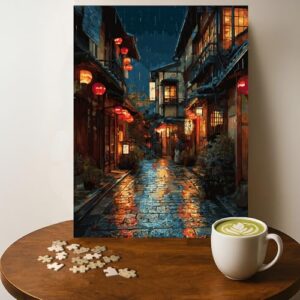 Rainy Japanese Street Japanese Jigsaw Puzzle - 500 Pieces Wooden Puzzle for Adults, Wall Art Gift, Finished Size: 20 x 15 Inch